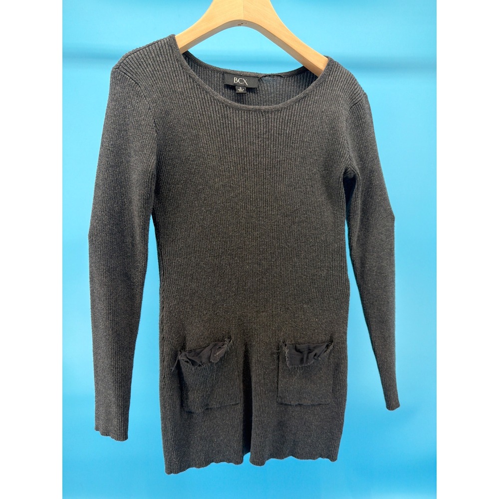 BCX Womens Charcoal Gray Ribbed Knit Long Sleeve Pocket Sweater Dress Size S